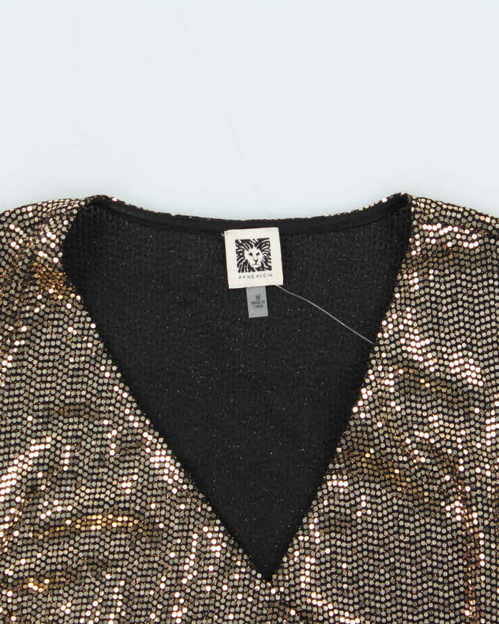 Vintage 00s Women's Anne Klein Gold Sequined Long Sleeve Party Top - M