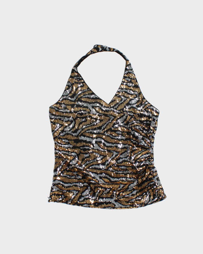 Vintage Women's 1990s Bianca Nygard Sequined Halterneck Party Top - L