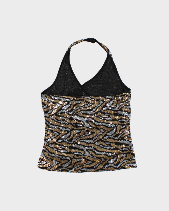 Vintage Women's 1990s Bianca Nygard Sequined Halterneck Party Top - L