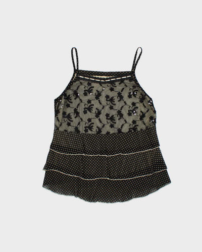 Vintage Women's Sheer & Lace Sequined Polka Dot Party Top - L