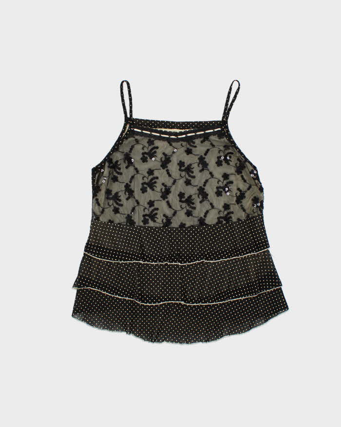 Vintage Women's Sheer & Lace Sequined Polka Dot Party Top - L