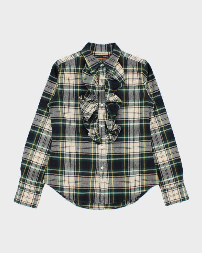 Vintage Y2K 00s Ralph Lauren Women's Tartan Ruffle Long Sleeve Blouse - S