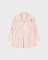 Vintage 1990s Wanko Stripe Zip-up 3/4 Length Sleeve Blouse - S
