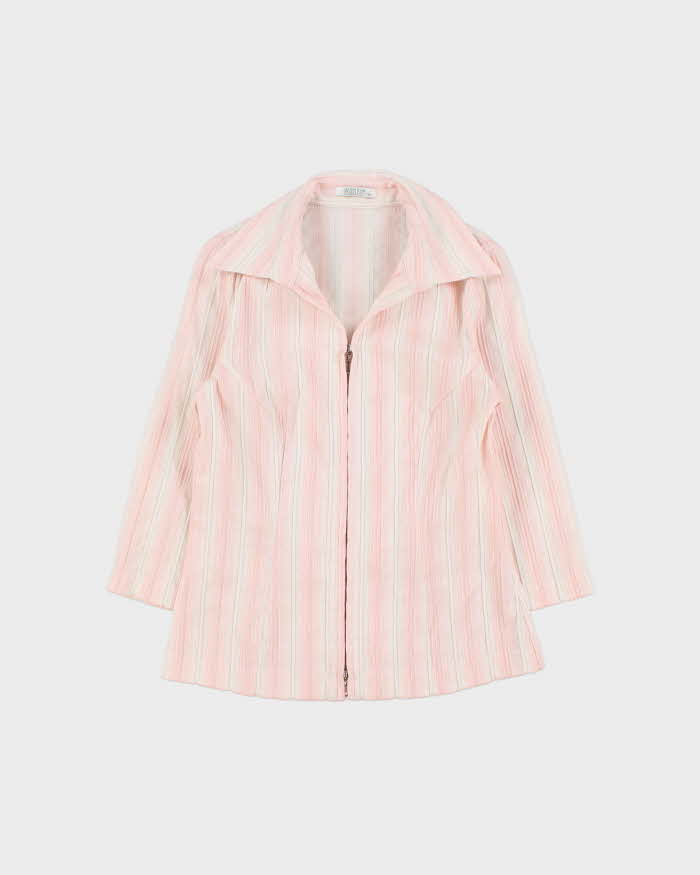 Vintage 1990s Wanko Stripe Zip-up 3/4 Length Sleeve Blouse - S