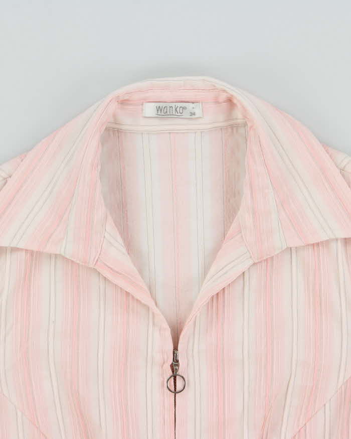 Vintage 1990s Wanko Stripe Zip-up 3/4 Length Sleeve Blouse - S