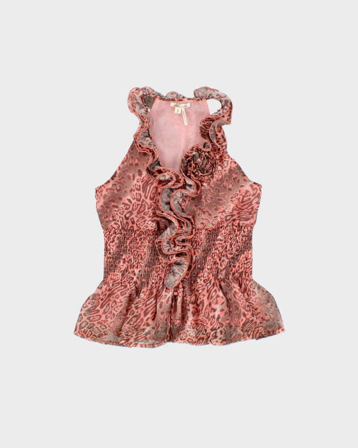 Vintage Y2k 2000s Marineblu Leopard Print Ruffle Shirred Waist Top - S