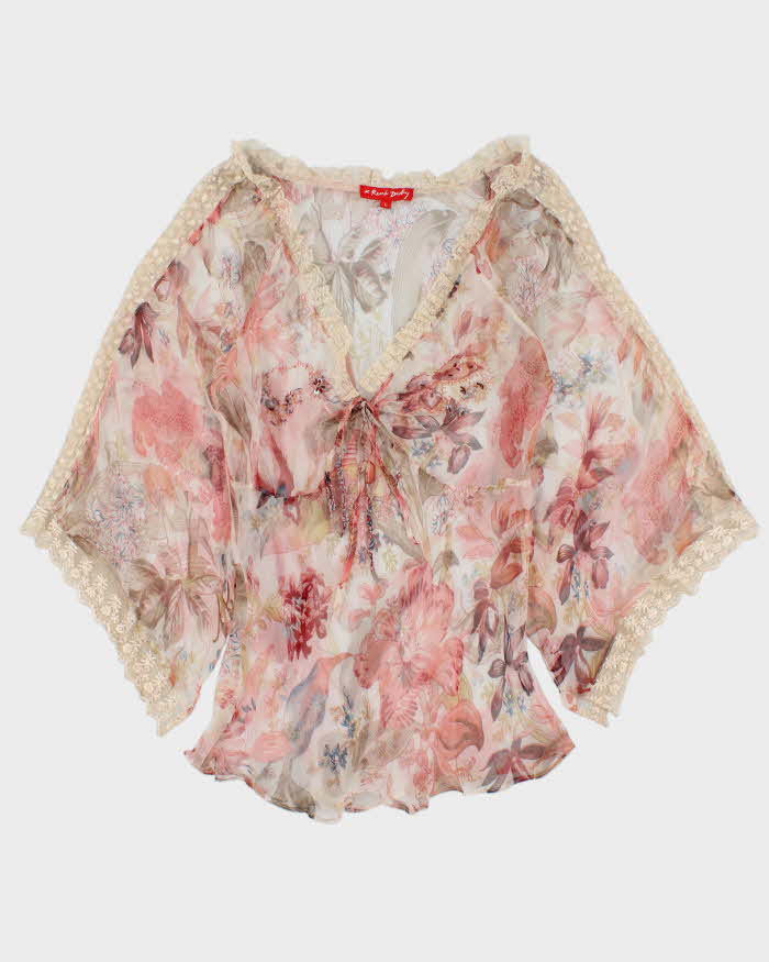 Vintage 1990s Rene Derby Mesh Embroidered Bell Sleeve Top - L