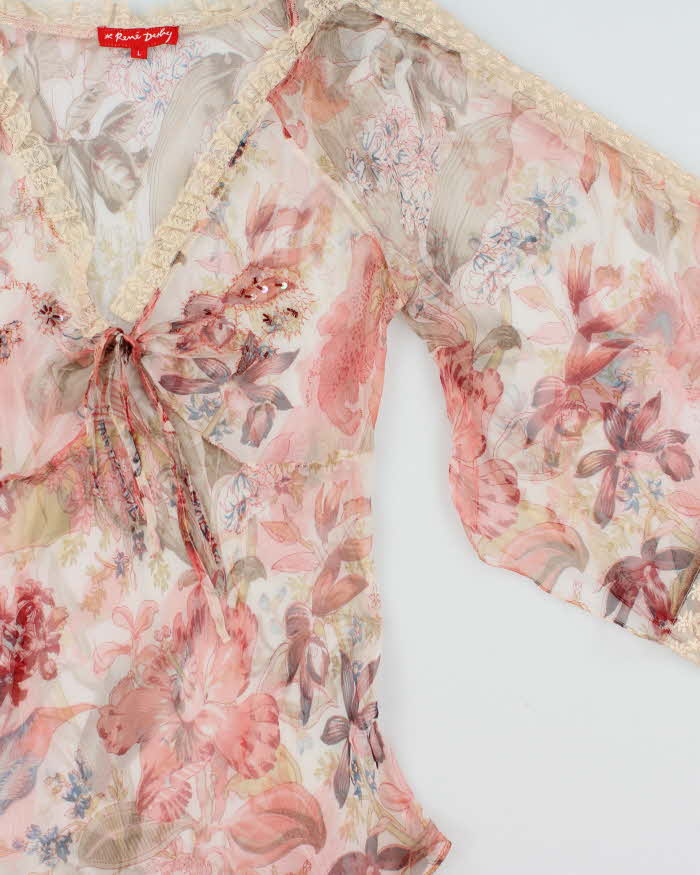 Vintage 1990s Rene Derby Mesh Embroidered Bell Sleeve Top - L
