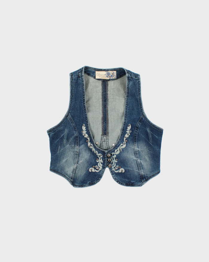 Vintage Y2k 2000s La Chateau Studded Denim Waistcoat Top - L
