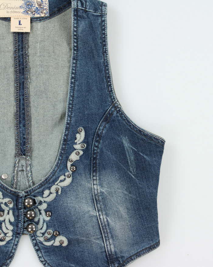 Vintage Y2k 2000s La Chateau Studded Denim Waistcoat Top - L