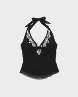Vintage Y2k 2000s Oasis Beaded Lined Mesh Halter Neck Top - M