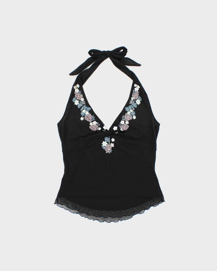 Vintage Y2k 2000s Oasis Beaded Lined Mesh Halter Neck Top - M