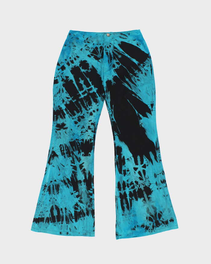 Vintage 1990s Big Yellow Taxi Women's Teal Tie-Dye Low-Rise Made In England Bell Bottom Flared Trousers - W27 L31