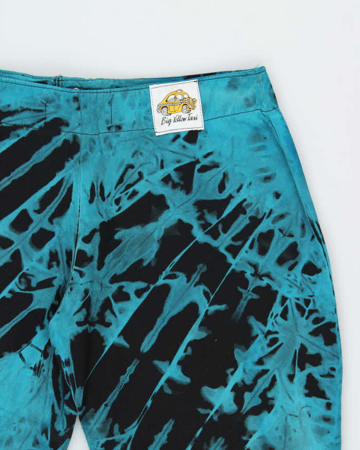 Vintage 1990s Big Yellow Taxi Women's Teal Tie-Dye Low-Rise Made In England Bell Bottom Flared Trousers - W27 L31
