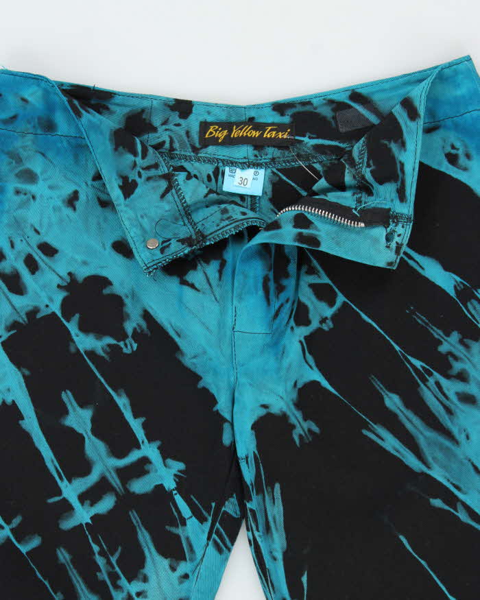 Vintage 1990s Big Yellow Taxi Women's Teal Tie-Dye Low-Rise Made In England Bell Bottom Flared Trousers - W27 L31
