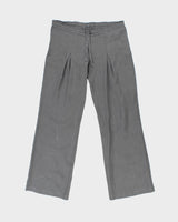 Vintage Y2K 00s 120% Lino Women's Slate Grey Pleated Linen Low-Rise Flared Trousers - W32 L32 / M