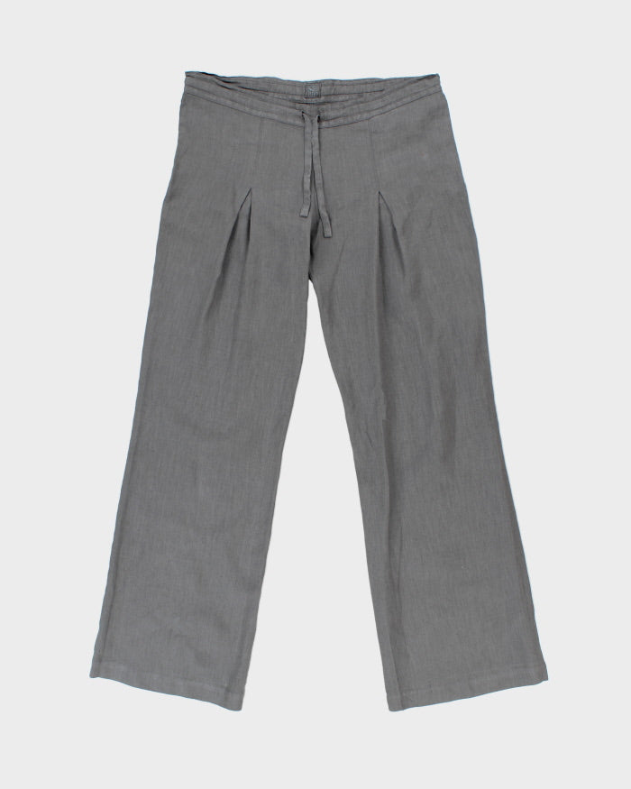 Vintage Y2K 00s 120% Lino Women's Slate Grey Pleated Linen Low-Rise Flared Trousers - W32 L32 / M