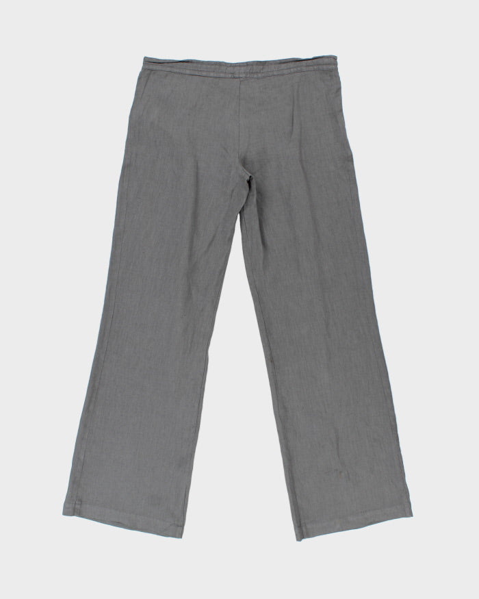 Vintage Y2K 00s 120% Lino Women's Slate Grey Pleated Linen Low-Rise Flared Trousers - W32 L32 / M