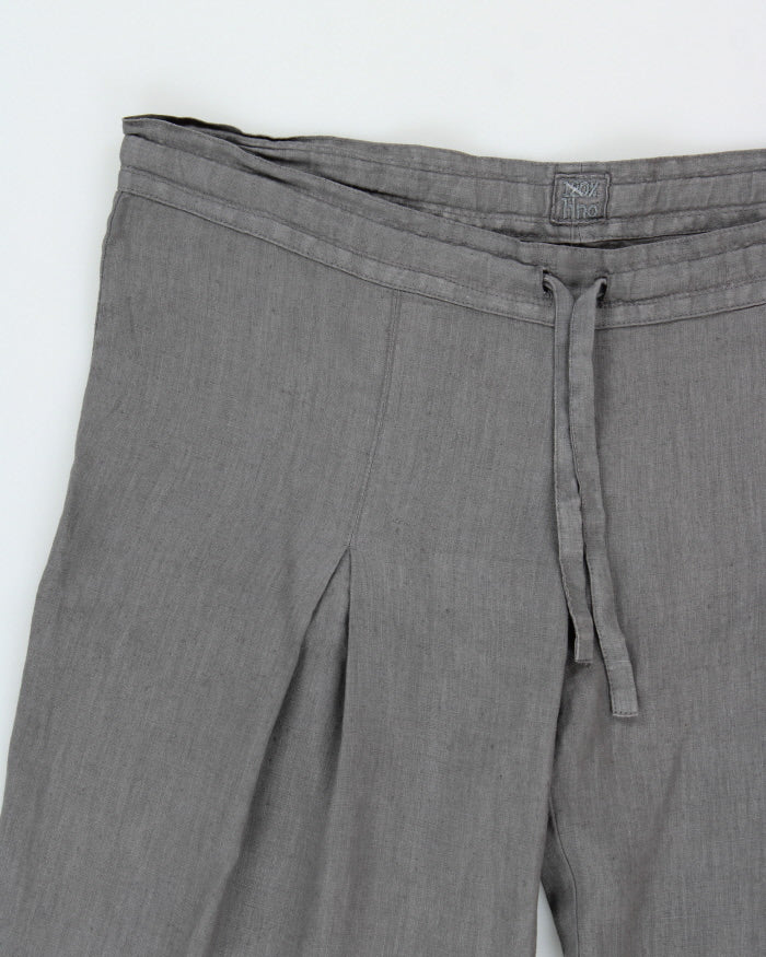 Vintage Y2K 00s 120% Lino Women's Slate Grey Pleated Linen Low-Rise Flared Trousers - W32 L32 / M