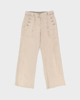Vintage Y2K 00s Sandwich Sandy Khaki Women's Mid-Rise Contrast Stitch Linen 'Malmo' Relaxed Fit Bootcut Trousers - W28 L30