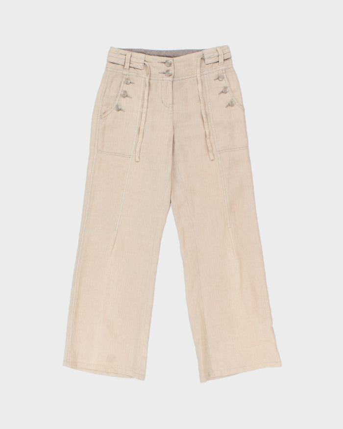 Vintage Y2K 00s Sandwich Sandy Khaki Women's Mid-Rise Contrast Stitch Linen 'Malmo' Relaxed Fit Bootcut Trousers - W28 L30