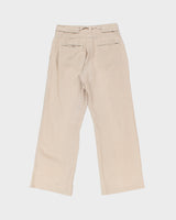 Vintage Y2K 00s Sandwich Sandy Khaki Women's Mid-Rise Contrast Stitch Linen 'Malmo' Relaxed Fit Bootcut Trousers - W28 L30