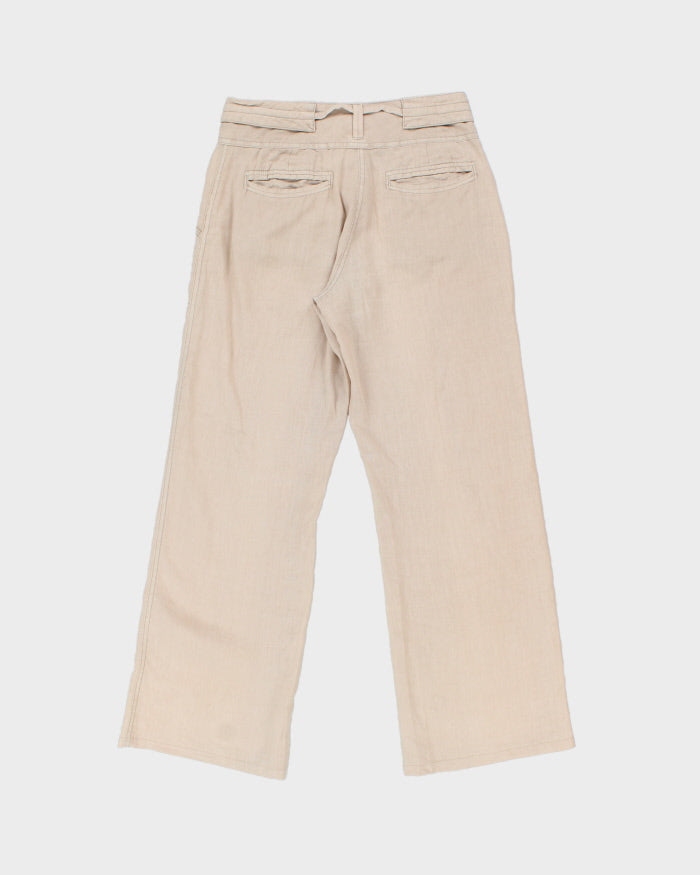 Vintage Y2K 00s Sandwich Sandy Khaki Women's Mid-Rise Contrast Stitch Linen 'Malmo' Relaxed Fit Bootcut Trousers - W28 L30