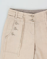 Vintage Y2K 00s Sandwich Sandy Khaki Women's Mid-Rise Contrast Stitch Linen 'Malmo' Relaxed Fit Bootcut Trousers - W28 L30