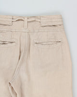 Vintage Y2K 00s Sandwich Sandy Khaki Women's Mid-Rise Contrast Stitch Linen 'Malmo' Relaxed Fit Bootcut Trousers - W28 L30