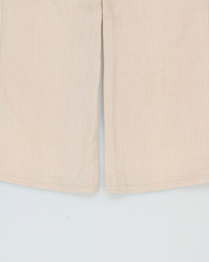 Vintage Y2K 00s Sandwich Sandy Khaki Women's Mid-Rise Contrast Stitch Linen 'Malmo' Relaxed Fit Bootcut Trousers - W28 L30