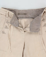 Vintage Y2K 00s Sandwich Sandy Khaki Women's Mid-Rise Contrast Stitch Linen 'Malmo' Relaxed Fit Bootcut Trousers - W28 L30