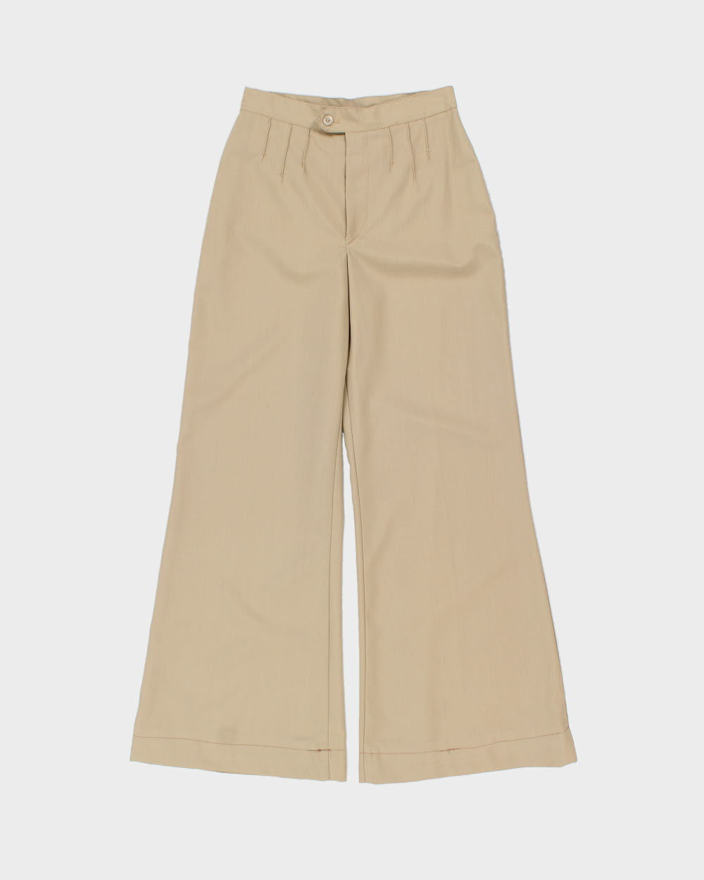 Vintage 1970s Khaki Twill Women's High-Rise Crease Pleat Flared Bell Bottom Trousers - W25 L29