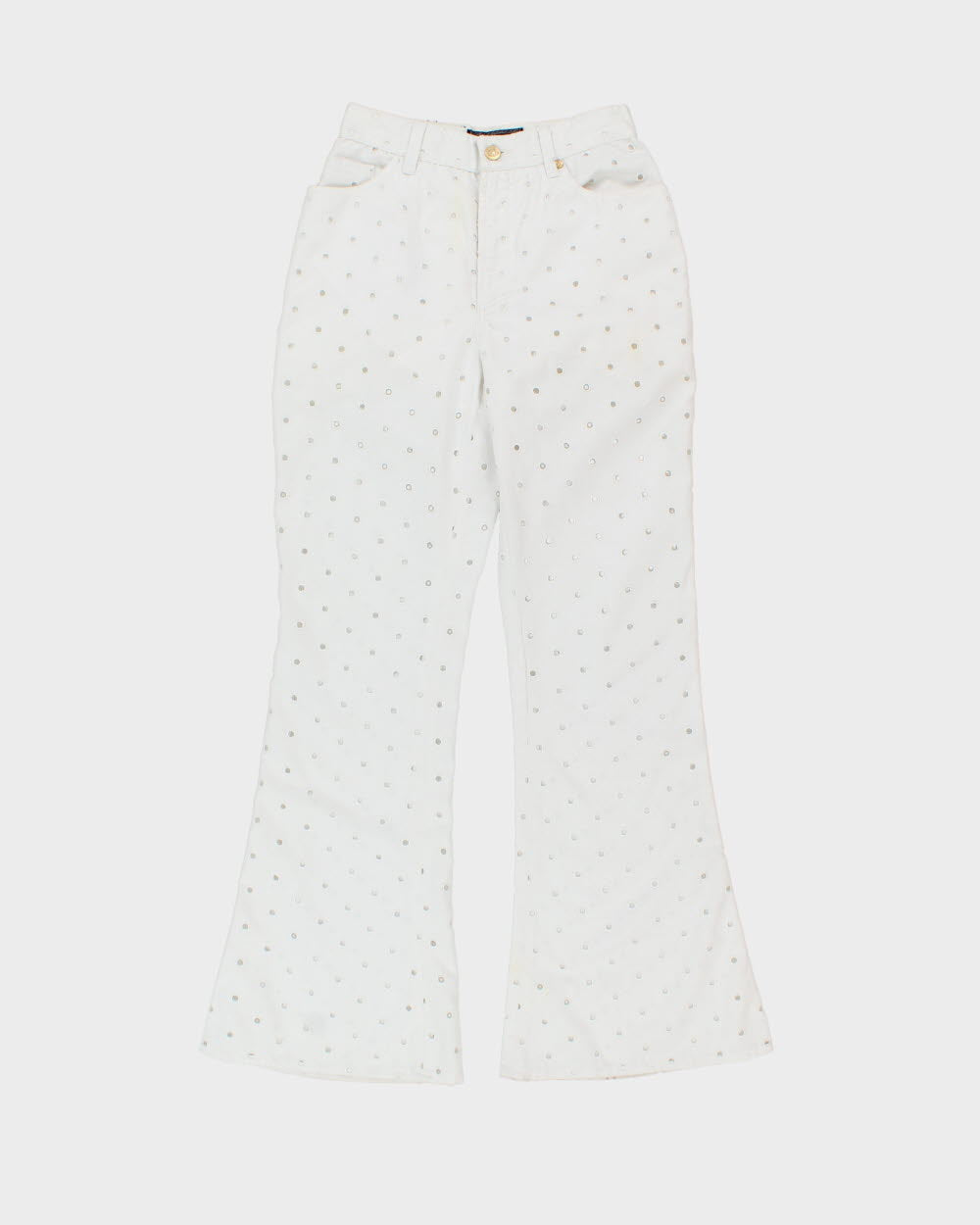 S/S 1998 Vintage Versace Jeans Couture Women's High-Rise Repeat Hole Straight Leg Bell Bottom Flared Trousers - W24 L30