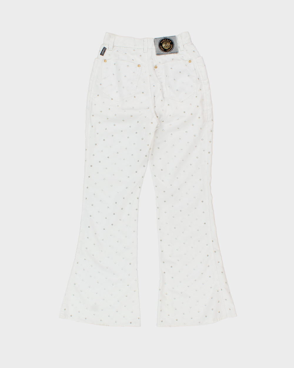 S/S 1998 Vintage Versace Jeans Couture Women's High-Rise Repeat Hole Straight Leg Bell Bottom Flared Trousers - W24 L30