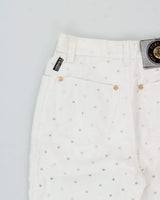 S/S 1998 Vintage Versace Jeans Couture Women's High-Rise Repeat Hole Straight Leg Bell Bottom Flared Trousers - W24 L30