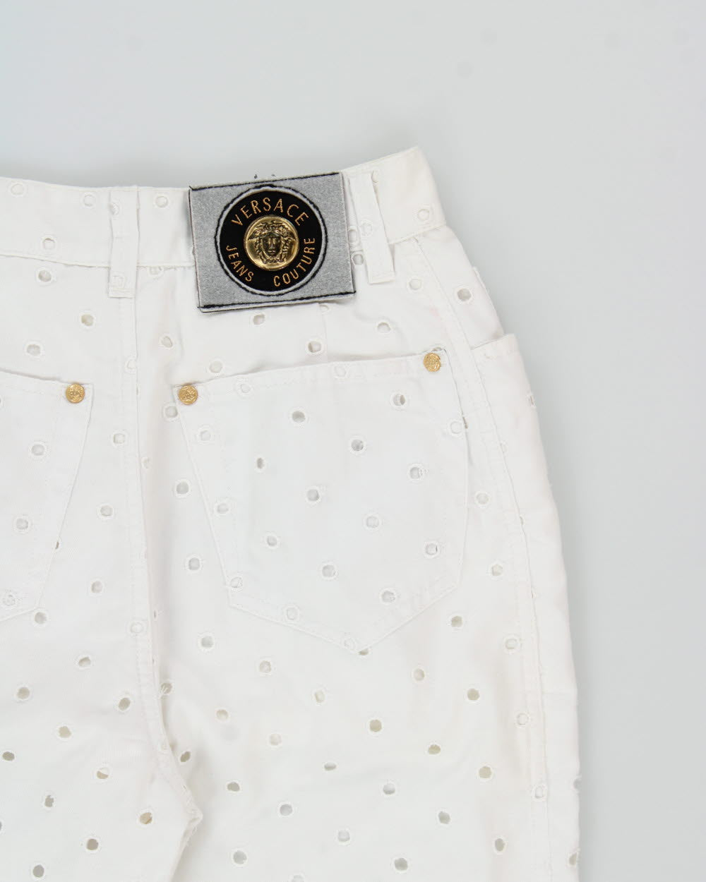 S/S 1998 Vintage Versace Jeans Couture Women's High-Rise Repeat Hole Straight Leg Bell Bottom Flared Trousers - W24 L30