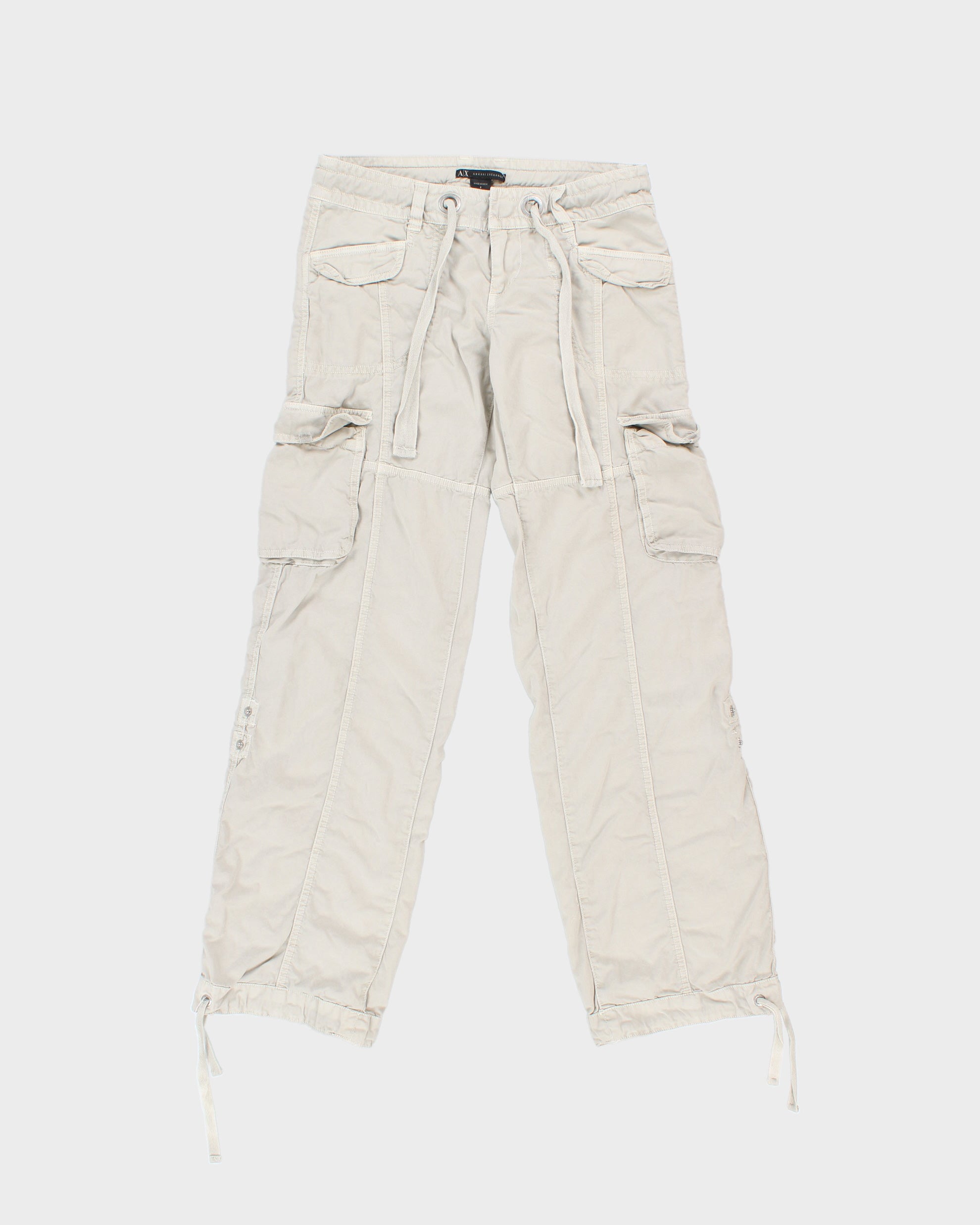Vintage Y2K 00s Armani Exchange Women's Khaki Low-Rise Multi-Pocket Adjustable Canvas Straight Leg Cargo Trousers - W27 L30