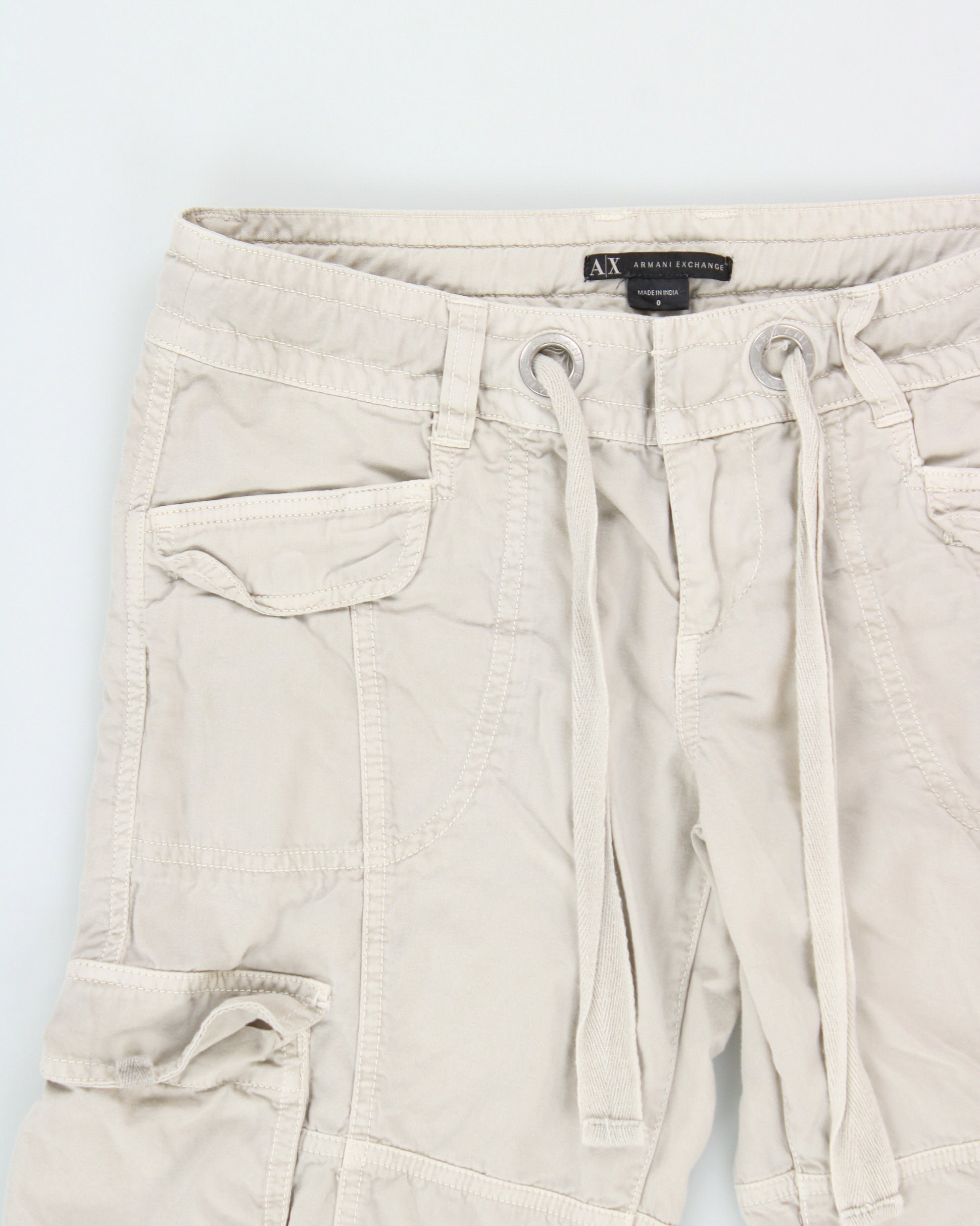 Vintage Y2K 00s Armani Exchange Women's Khaki Low-Rise Multi-Pocket Adjustable Canvas Straight Leg Cargo Trousers - W27 L30