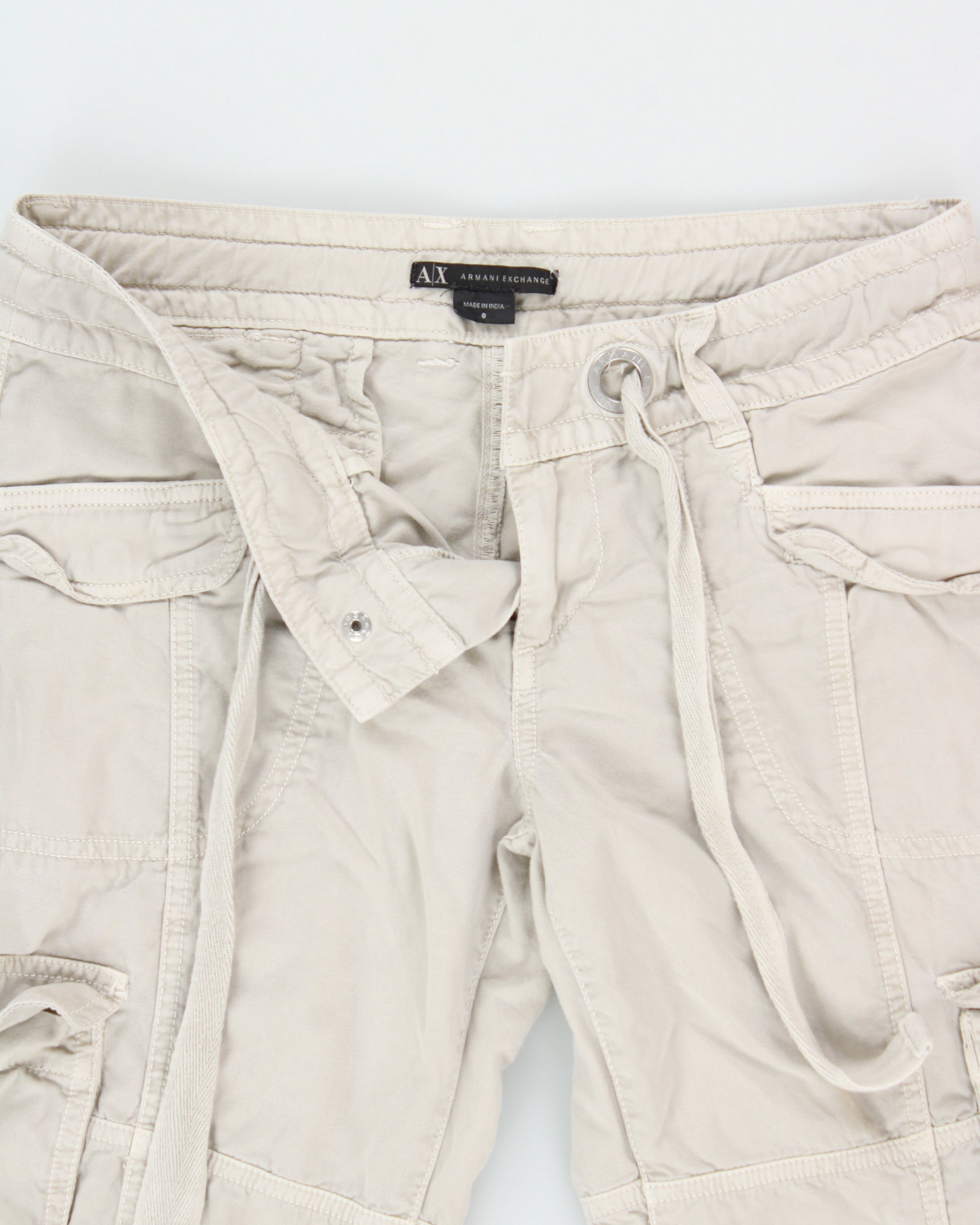 Vintage Y2K 00s Armani Exchange Women's Khaki Low-Rise Multi-Pocket Adjustable Canvas Straight Leg Cargo Trousers - W27 L30