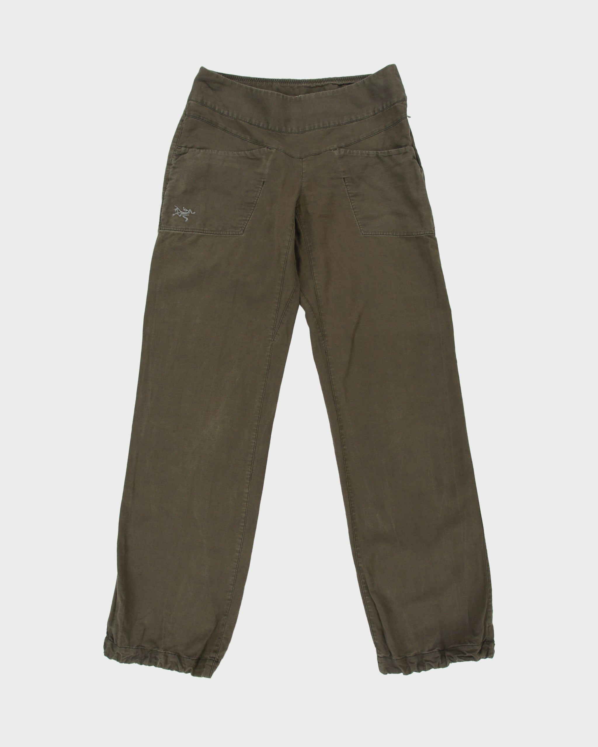Vintage Arc'teryx Khaki Spadina Women's Linen Blend Low-Rise Relaxed Fit Adjustable Straight Leg Casual Trousers - W28 L32