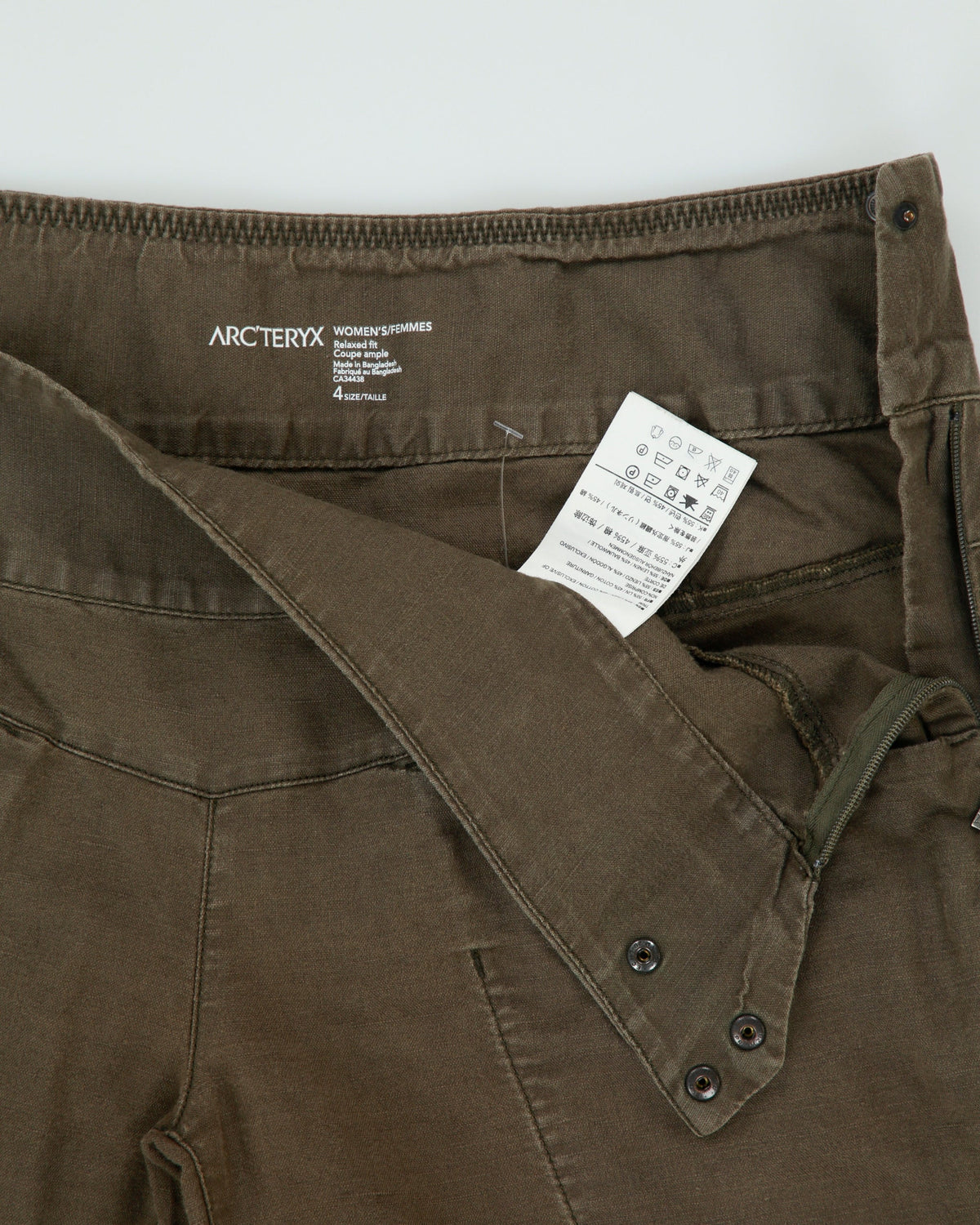Vintage Arc'teryx Khaki Spadina Women's Linen Blend Low-Rise Relaxed Fit Adjustable Straight Leg Casual Trousers - W28 L32