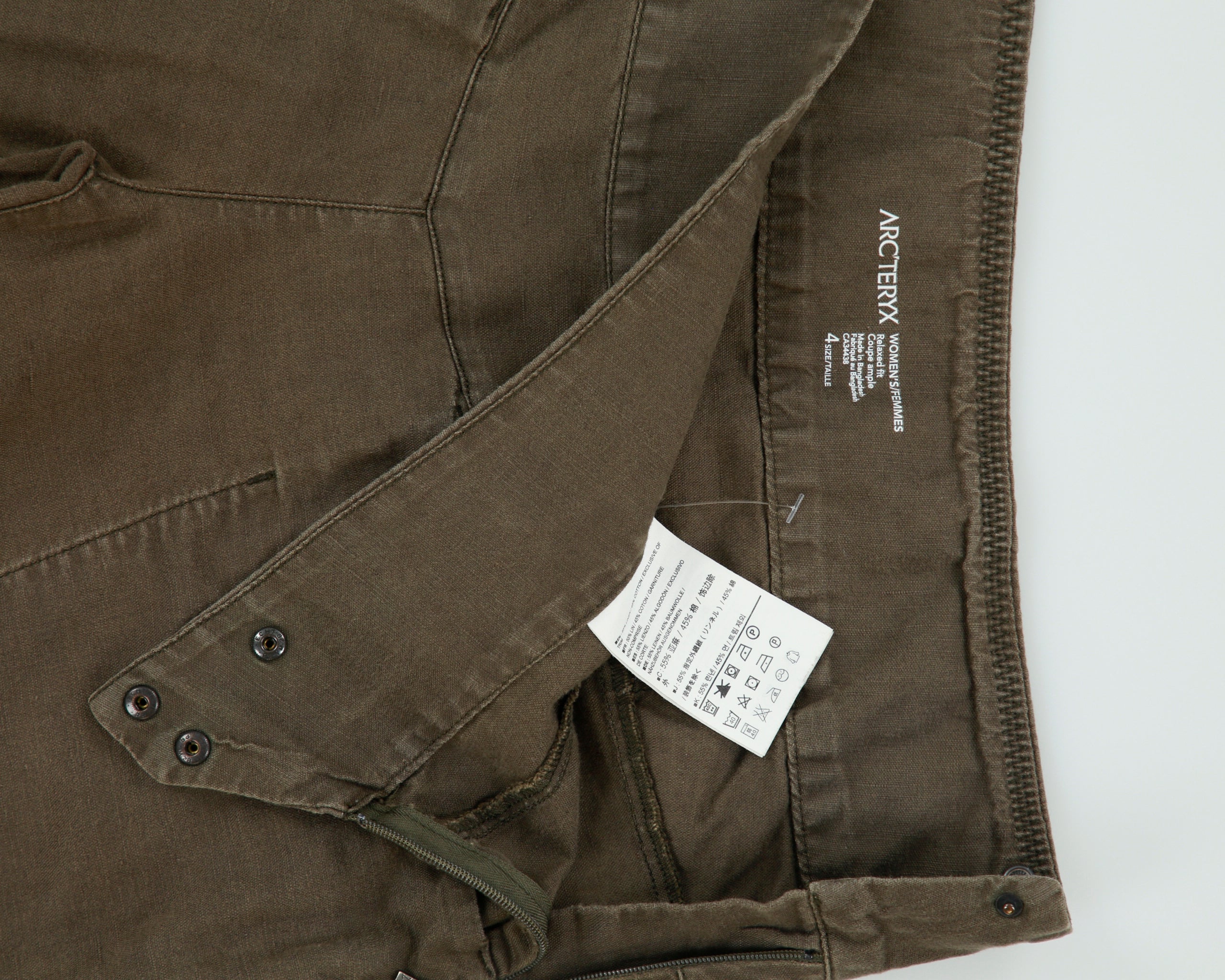 Vintage Arc'teryx Khaki Spadina Women's Linen Blend Low-Rise Relaxed Fit Adjustable Straight Leg Casual Trousers - W28 L32