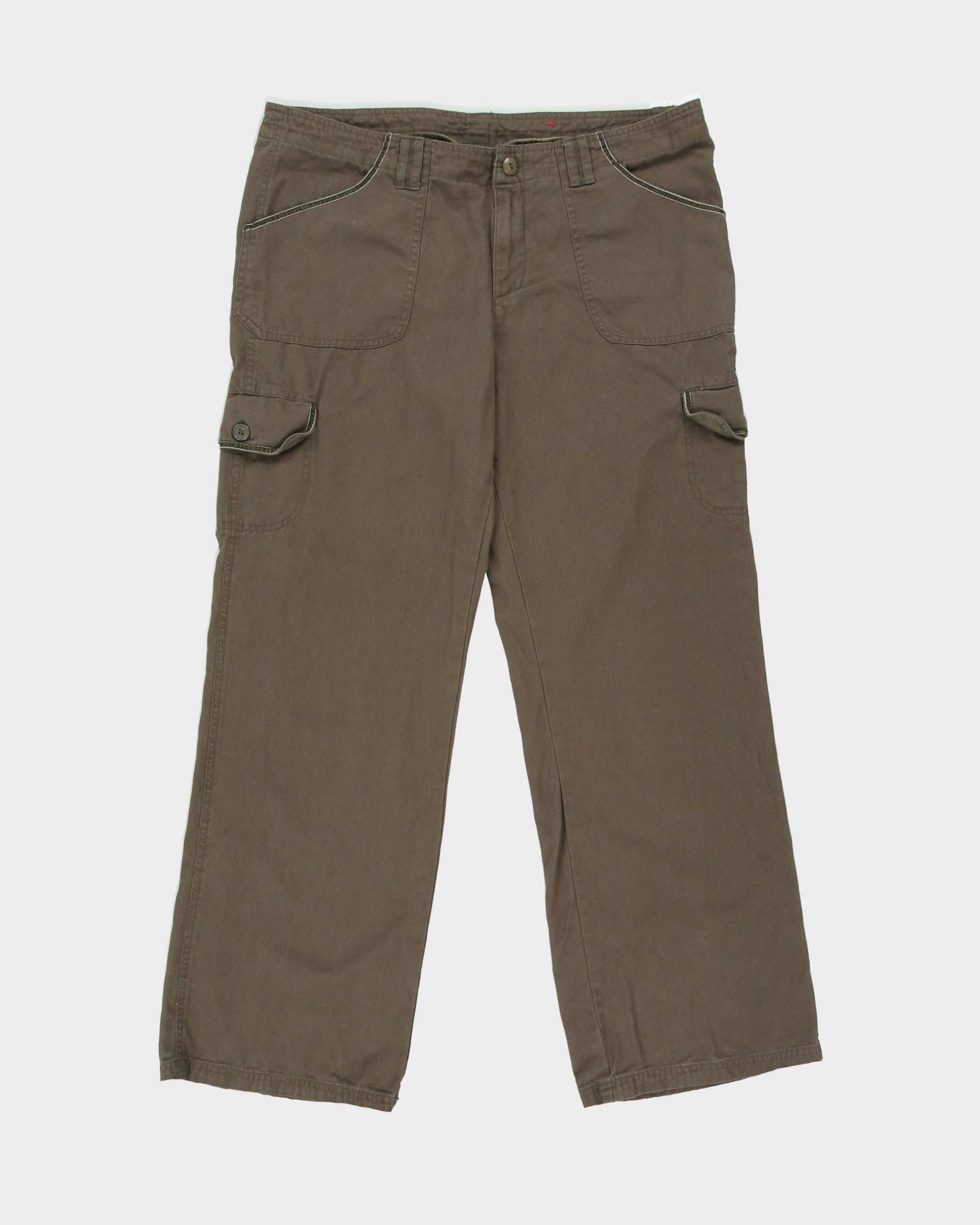 Vintage 1990s B.U.M Equipment Khaki Women's Low-Rise Canvas Wide Leg Cargo Trousers - W36 L30