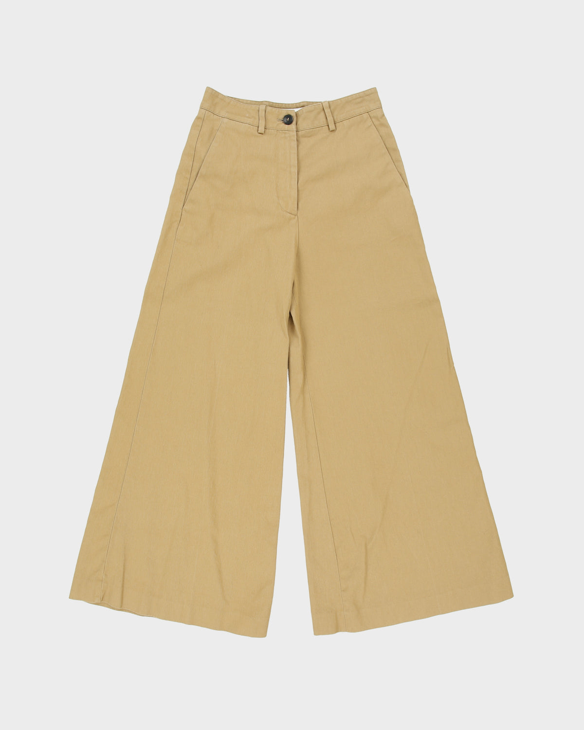 S/S 2020 Valentino Women's High Rise Khaki Tan Ultra Wide Leg Flared Canvas Trousers - W26 L26