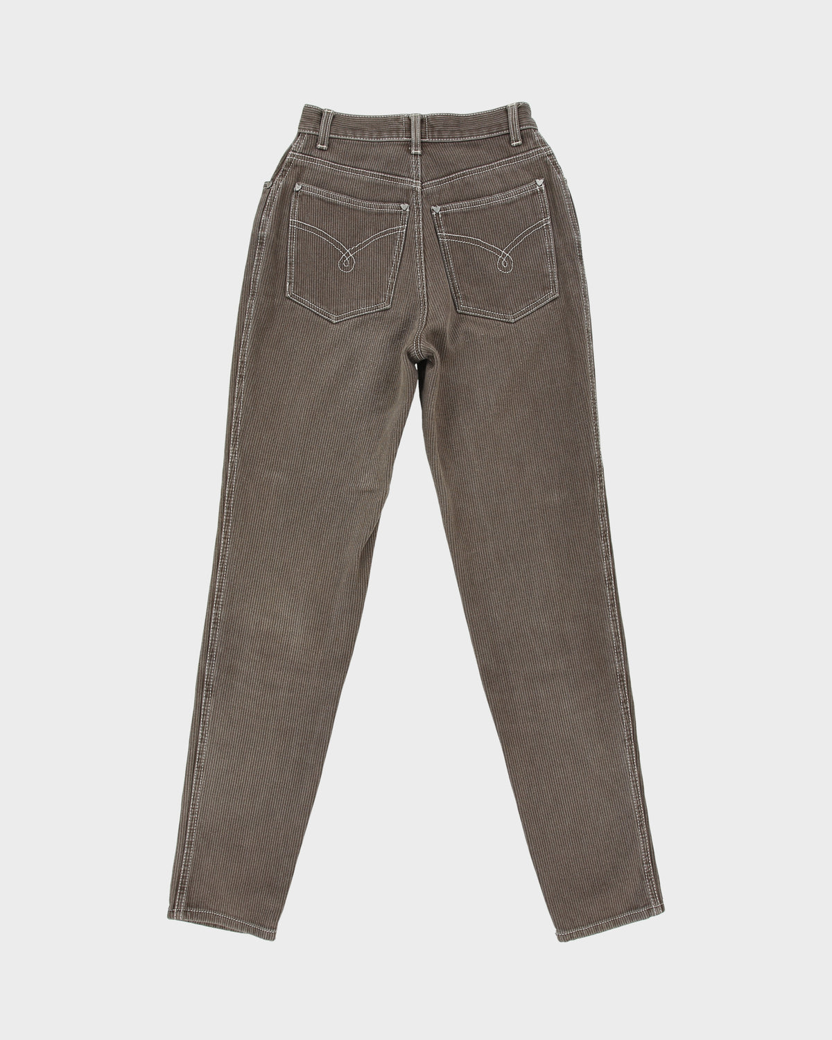 Vintage 1990s Moschino Jeans Women's Hardwood Brown High Rise Contrast Stitch Skinny Fit Corduroy Trousers - W24 L30