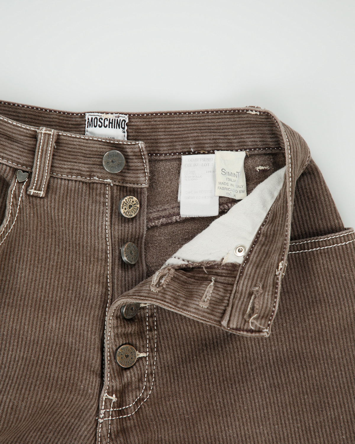 Vintage 1990s Moschino Jeans Women's Hardwood Brown High Rise Contrast Stitch Skinny Fit Corduroy Trousers - W24 L30