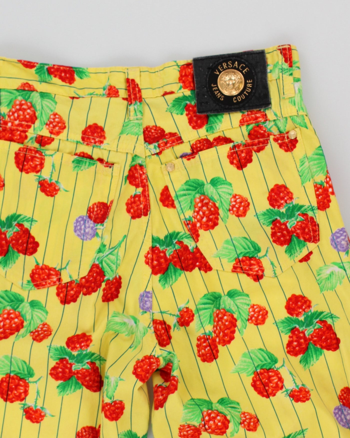 Vintage 90s Versace Jeans Couture Yellow Raspberry Print Trousers - W28