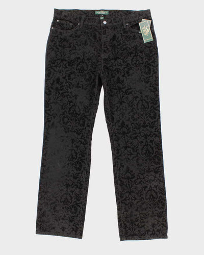 Womens Black Velvet Floral Pattern Ralph Lauren Trousers - M