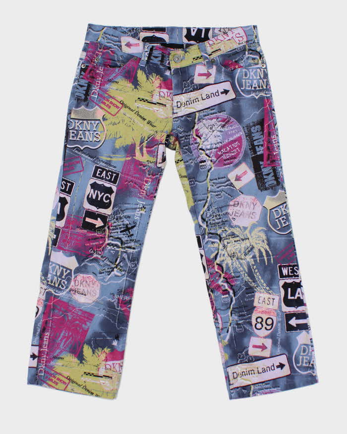 Vintage Y2k 00s DKNY Map Denim Land Capri Cropped Trousers - W30
