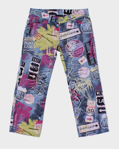 Vintage Y2k 00s DKNY Map Denim Land Capri Cropped Trousers - W30
